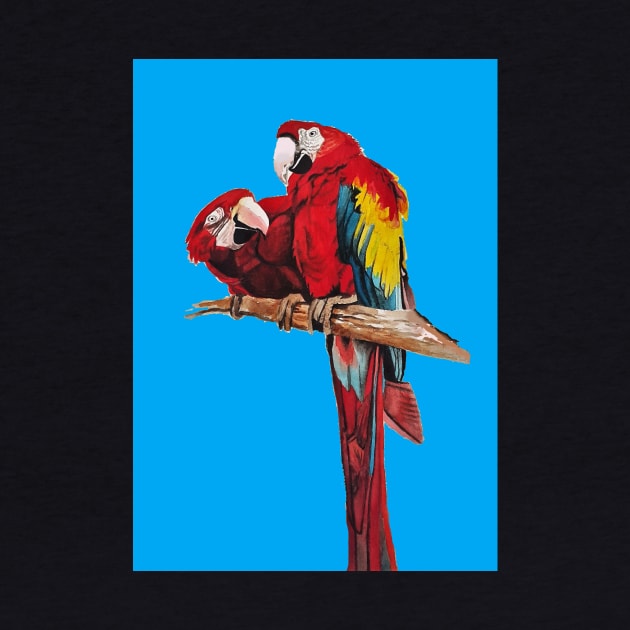 Red Macaw Parrot Watercolor Painting on Blue by SarahRajkotwala